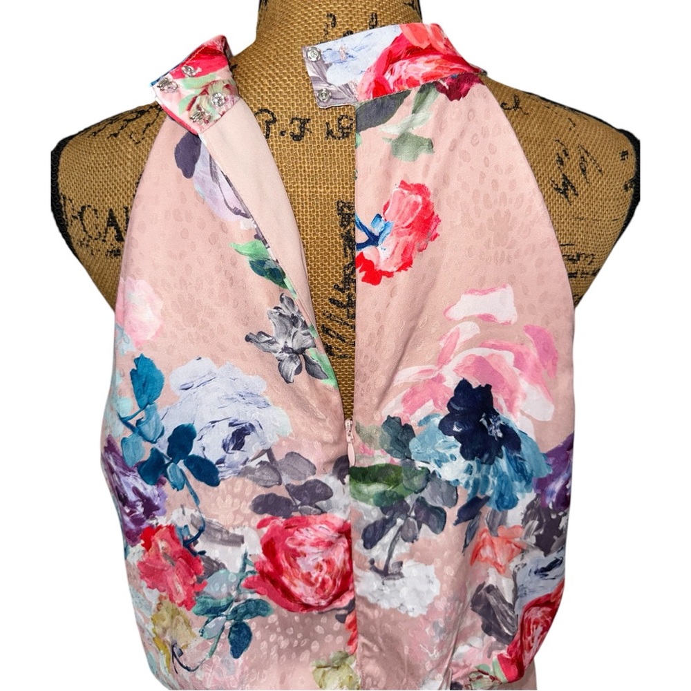 Adrianna Papell Dress Size 16 Blush Pink Floral Print Satin Jacquard Halter Gown - Picture 12 of 16